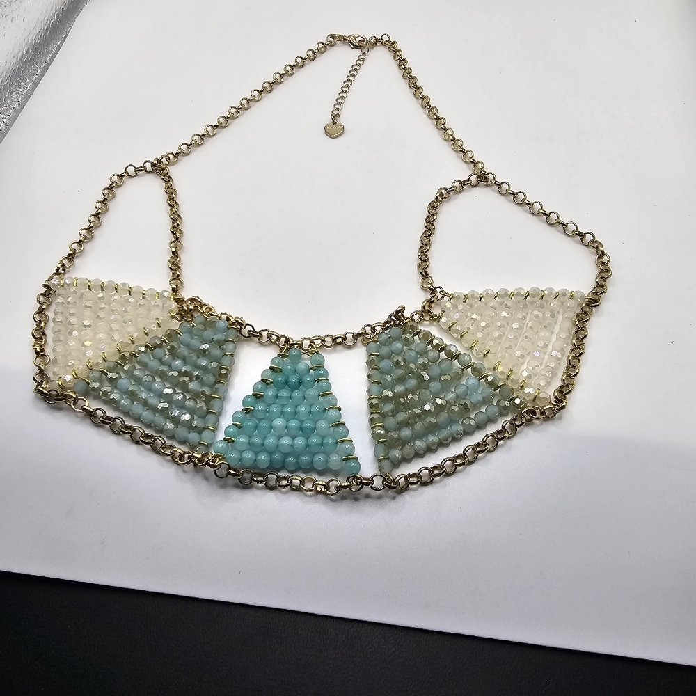 Nakamol 16"  Gold With Blues & White Beaded Triangles Necklace.  2" Ext